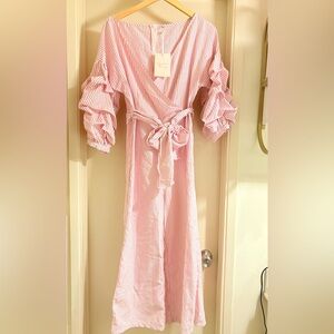Women's Pink Striped Wrap Jumpsuit with Puff Sleeves